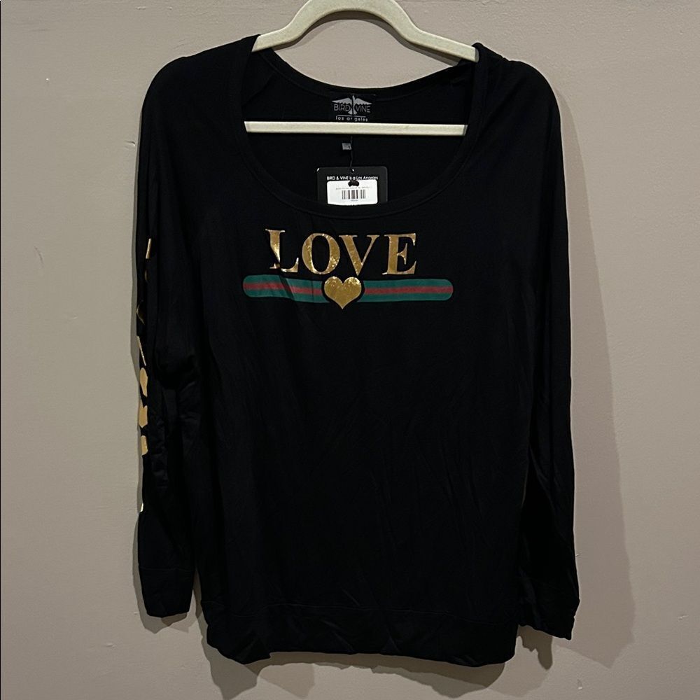Black Long Sleeve Love Shirt with Gold Accents by Bird & Vine Sz L.  B2